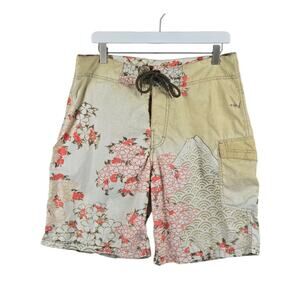 Pull And Bear Mens Swim Board Shorts Floral Print Beige Size 34
